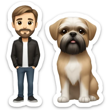 Short haired man with short beard and mustache, brown eyes and hair. With a black and brown Shih tzu beside. sticker