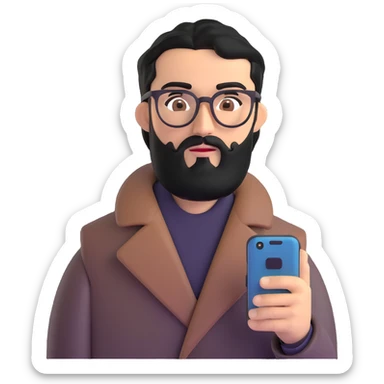 professional man with medium black beard, black hair combed to one side, connected unibrow, olive tan skin, brown eyes, glasses, prominent nose, wearing black coat, intently looking at and interacting with smartphone screen, with subtle office background sticker