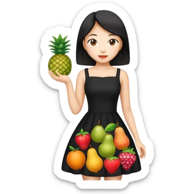 asian young woman in black dress with images of fruits on it sticker
