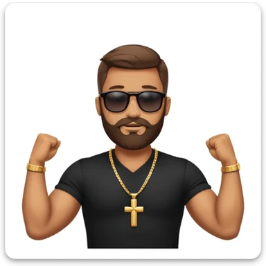 confident man with a beard, sunglasses, black shirt, and cross necklace, flexing both arms, outdoors sticker