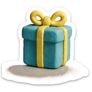 claymation style light blue gift box with yellow ribbon sticker