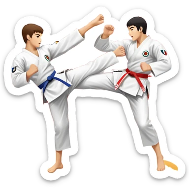 Two taekwondo fighters in a competition arena, one performing a high spinning kick towards the opponent’s head, while the other blocks with a precise guard. The background features a dynamic, bright arena with flags, emphasizing speed and agility in the martial art. Transparent background  sticker
