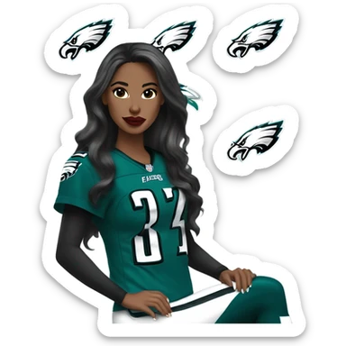 White female long dark hair red lips wearing Philadelphia Eagles jersey sticker