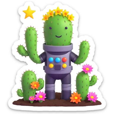 A spacesuit-wearing cactus blooming neon stars instead of flowers, with mini planets on its prickles sticker