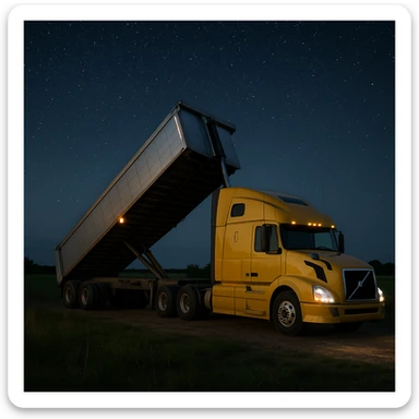 ultra-realistic Volvo yellow semi sleeper truck and silver end dump trailer, trailer tilted up as if dumping, night scene in a photorealistic countryside with grassy fields and a starry sky sticker
