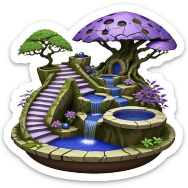 Alien saucer house jungle-vines stairway fountain mountain-island landscape antique mudman very old broken cracked intricate Stone Age lapis-crusted irregular dodecagon-shaped shallow dark moss rough bark violet serissa flowered maple tree bonsai pot sticker