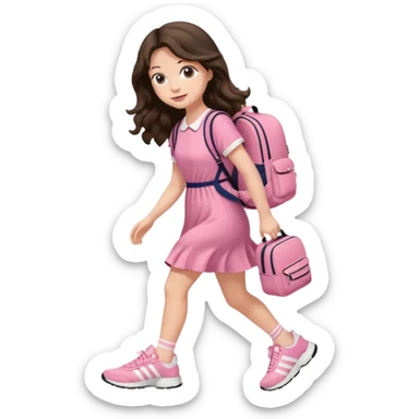 aestethic brunette very long wavy hair walking with a school backpack, with a cute pink dress, adidas shoes sticker