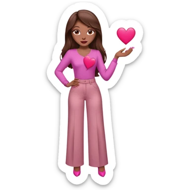  emoji, inspired with brunette hair, brown eyes, long hair, heart shape lips and pink make up  and pink nails, mauve pink blush and brown wide leg pants, burgundy shoulder drop shirt, brown heels , princess hair, brown heels, no floating hearts  sticker