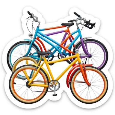 Ad-hoc solution that is built of several different bicycles of different colors and types. Bicycles are connected into weird looking shape. sticker