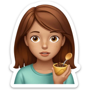 Brown hair girl with brown eyes and freckles eating poo sticker