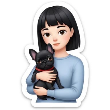 girl with short black straight bangs hair and hugging Black French Bulldog sticker