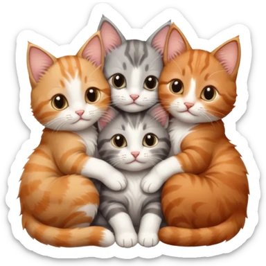 3 tiny kittens cuddling together all different colours, the first one is grey and white, the second is ginger and white and the third is brown tabby and white sticker