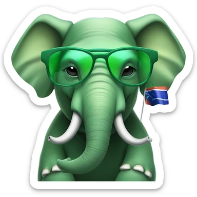 A green elephant with cientist blue glasses and alien antenas wearing an pandora colored by brazil flag colors sticker