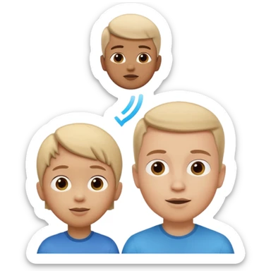 A 3D cartoon child looking up at a tall adult, white background, friendly expression, Memoji-style. sticker