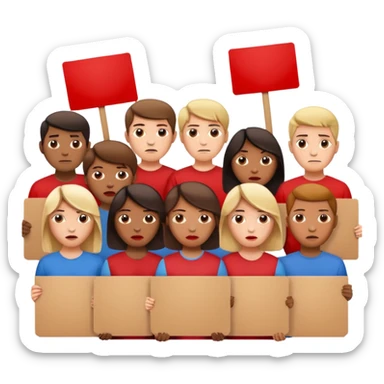 a crowd of people with unhappy faces and holding placards on which everything is crossed out in red sticker