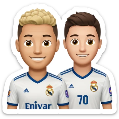Prime noodle hair ronaldo and prime 2012 messi Smiling in one Photo and make it realistic Ronaldo wearing Number 7 With Madrid and Messi wearing number 10 with barca  sticker