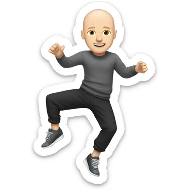 a bald white man, with a black sweater and gray jogging pants and dancing shoes sticker