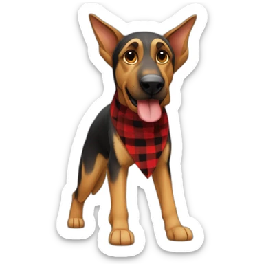 adult 75% Coonhound 25% German Shepherd mix dog with visible tail wearing small pointed red buffalo plaid bandana full body walking left quickly sticker