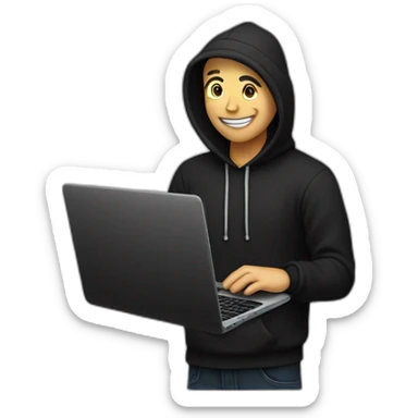 eyes-closed-laughing-male-with-regular-skin-and-blue-eyes-wearing-black-beanie-and-black-hoodie-and-holding-a-laptop-not-full-body-shot sticker