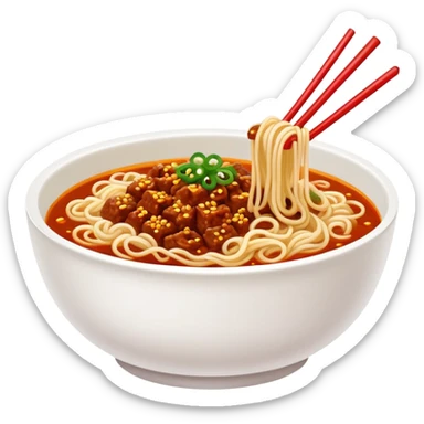 Chengdu Dan Dan Noodles with spicy sauce and minced meat, simplified emoji style with bold outlines and bright colors, cartoon style Sichuan street food in bowl sticker