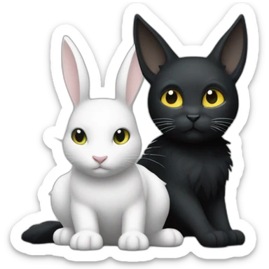 chat noir et blanc sur un lapin nain gris sticker