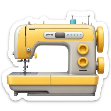 Emoji of a modern sewing machine inspired by a Brother machine. Soft, rounded shapes in the style of Apple emojis, with subtle gradients and soft shadows. White body with light gray details, a yellow spool on top sticker