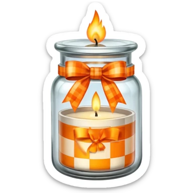 Glass jar with a candle in it and an orange checkered ribbon sticker