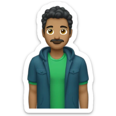 un chico con boina azul, pelo castaño y con rulos, camisa verde acuatico con chaqueta simple azul marino y de osos verdes sticker