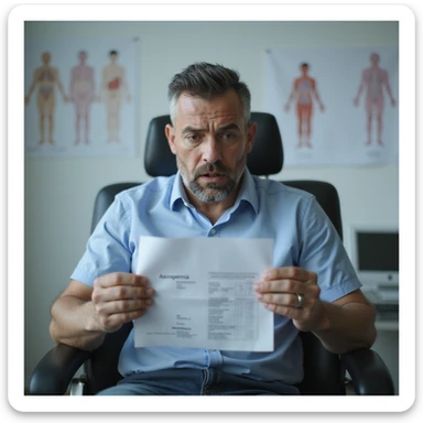 hyperrealistic 4K image of a man in his 30s sitting in a urologist's office, staring anxiously and shocked at semen analysis results showing 'azoospermia', hands trembling while holding the paper, clinical atmosphere with fertility diagrams on the wall sticker