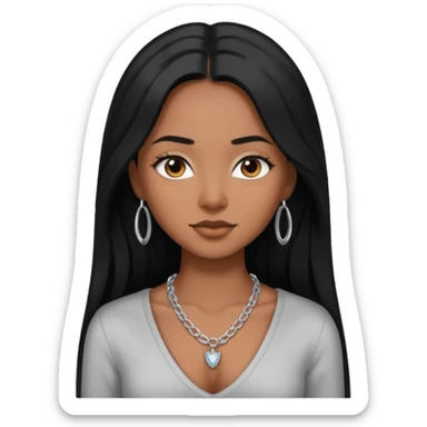 Brown skin girl with long black hair with 4 edges 2 on each side wearing a v-cut neckline shirt with a silver necklace sticker