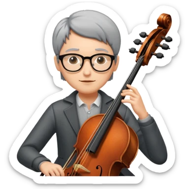 an emoji of my mum playing the cello, she has short black-ish gray hair, wears glasses, she is small sticker