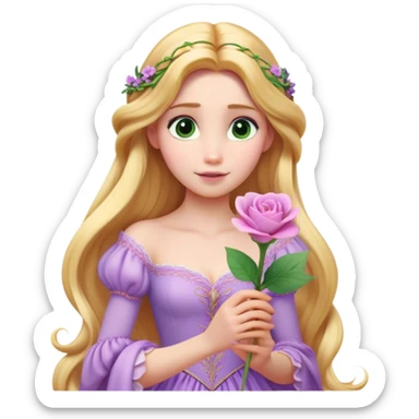 Cinematic Realistic Rapunzel Portrait, with porcelain-like skin featuring a subtle, natural glow, illuminated by soft lighting that brings out the gentle contours of her face. Her long, golden blonde hair cascades in detailed waves, each strand highlighted with a radiant shimmer as it catches the light. She playfully holds a flower in one hand, her other hand resting casually in her lap, with a warm and spirited expression. Her bright, expressive green eyes exude curiosity and warmth, framed by delicate lashes and soft, arched brows. She is dressed in her classic lavender and pink gown, the fabric textured with delicate folds that flow naturally, catching the light with a soft, radiant glow. The portrait captures a luminous, enchanting aura, seamlessly blending realism with a whimsical, fairytale charm, evoking a timeless sense of beauty and magic. sticker
