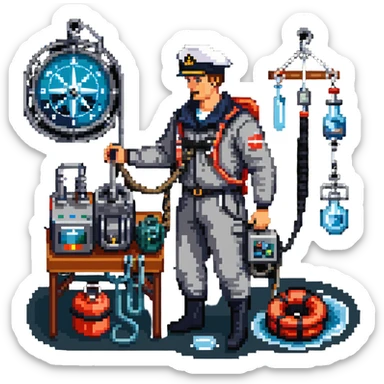 Russian sailor oceanologist operating a winch with scientific equipment and ocean research instruments sticker