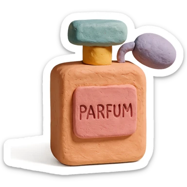 perfume bottle, claymation style, pastel colors, visible fingerprints, playful sticker