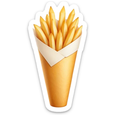 Belgian Fries Cinematic Realistic Belgian Fries Dish Emoji, depicted as a generous serving of crispy fries neatly presented in a white paper cone, rendered with vivid textures and appetizing, natural lighting. sticker