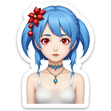 blue haired anime girl with red eyes, two dangly thangs on her head and a white bodysuit sticker