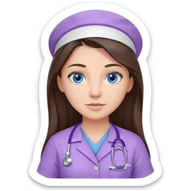 pretty brunette nurse with long hair and blue eyes in lilac scrubs sticker