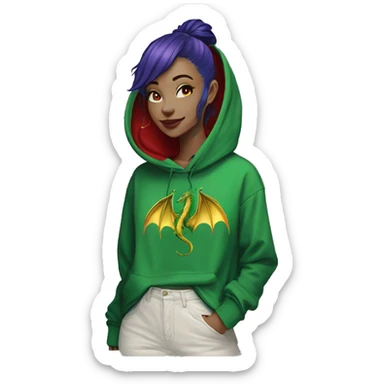 420 Lady with brunette and iridescent blue hair, hemp, gold, green dragon wings, maroon hoodie, 420, black and gold Nike t shirt, and bright red eyes sticker