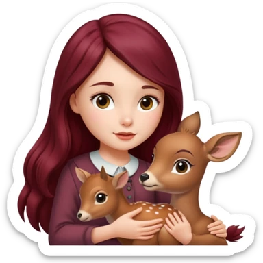 Beautiful burgundy long haired girl petting baby deer sticker