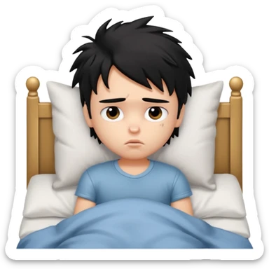 a PRETTY BRATZ boy with black messy hair, in bed, looking sad sticker