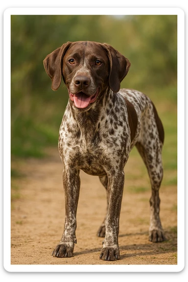 realistic german shorthaired pointer dog, standing, white and brown spots, friendly expression sticker