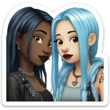 Two girls kissing goth style one with blue hair and a septum ring and the other with blonde and black hair sticker