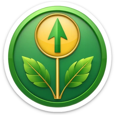 "A simple, strong, rounded arrow pointing upwards, encased within a circle made of two green, curved leaves. Use bright, contrasting colors (green and yellow/gold) for vitality. Minimalist 32x32 pixel emoji icon. Transparent background." sticker