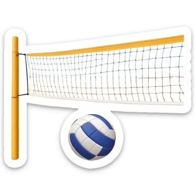 A close-up volleyball net with a ball hovering above it, set against the backdrop of a sandy volleyball court. The scene highlights the tension of an impending play, with the court lines clearly visible and a bright, sunny atmosphere surrounding the action. sticker