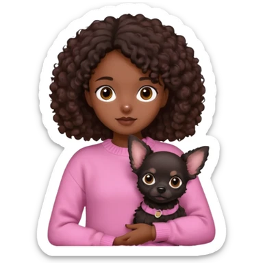Girl with dark brown curly hair and brown eyes in a pink sweater holding a black chihuahua sticker