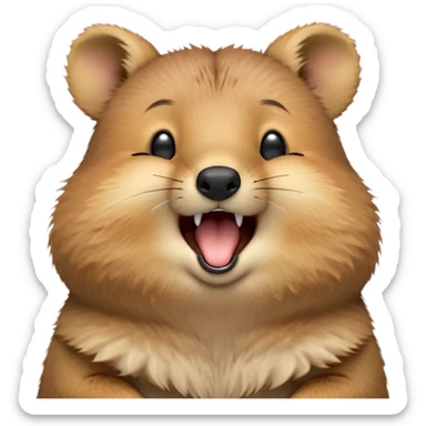 cinematic-realistic  yawning quokka-emoji,-small-round-frame, head tilted in an endearing manner, wouth wide open yawning, sleepy comical smile, round fluffy cheeks, giant-fluffy-cheeks-large-smile-fluffy-brown-fur-radiating-a-warm-softness,-big-round-eyes-filled-with-joy, realistic round  fluffy zoomed in, large black eyes one paw raised in the air sticker