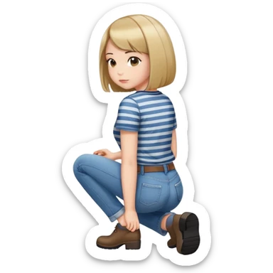 girl with short bob haircut in jeans and striped shirt kneeling on the ground seen from behind sticker