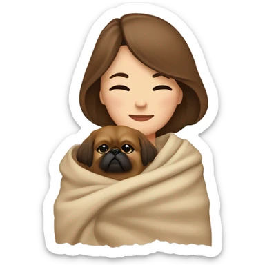 A Women with brown hair is cradling her Pekingese in a beige blanket sticker