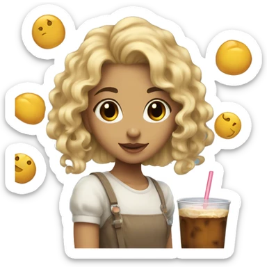 a blonde girl with brown eyes and curly hair enjoing boba te sticker