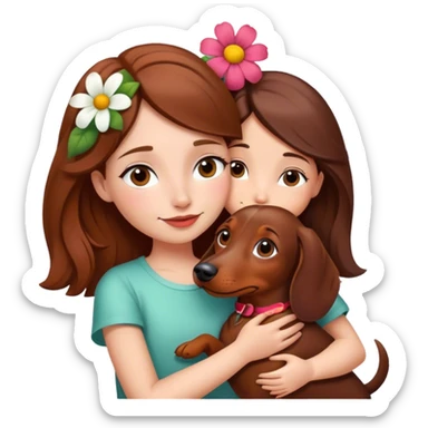 Dachshund hugging a girl with brown hair and a flower in her hair sticker